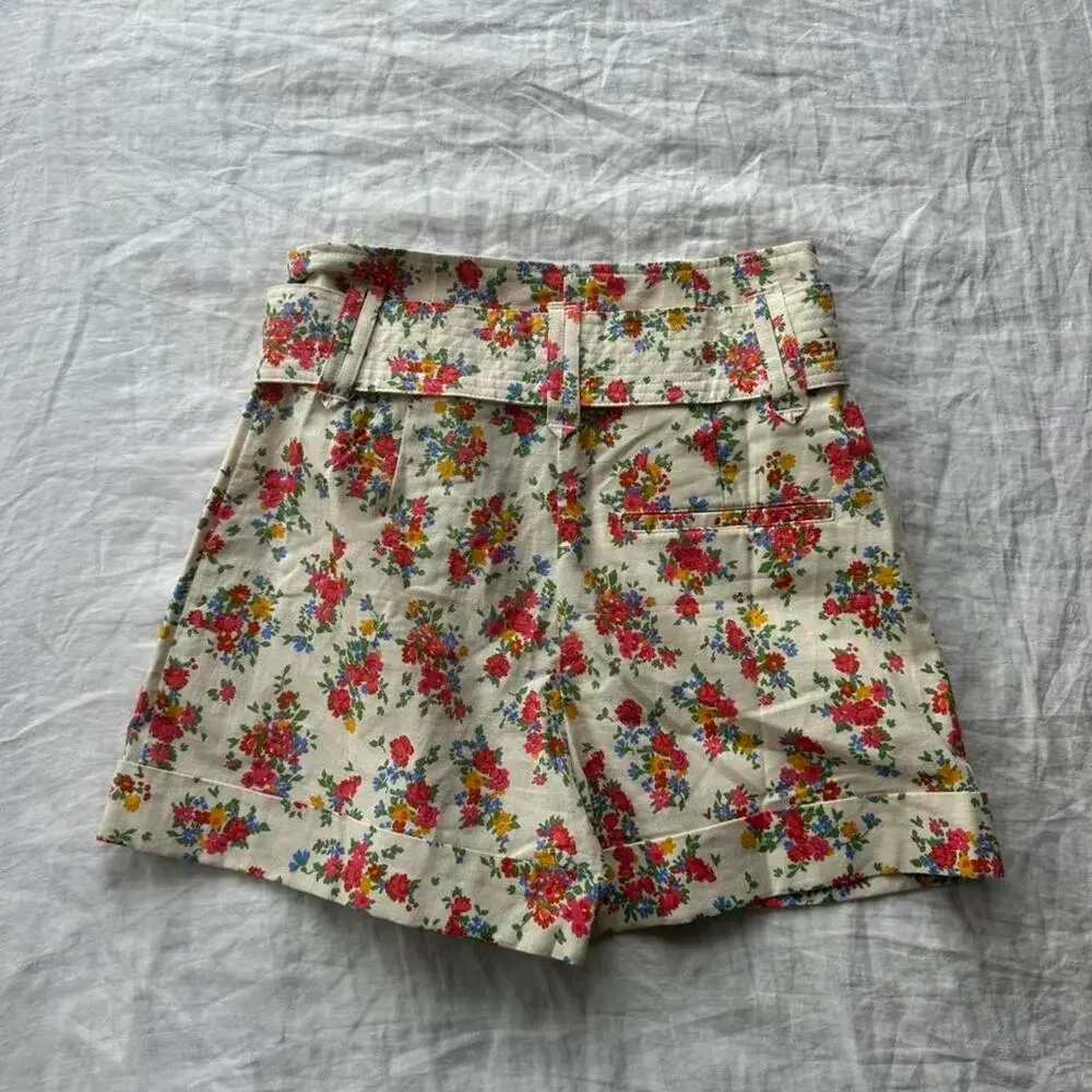 Sezane white floral linen shorts